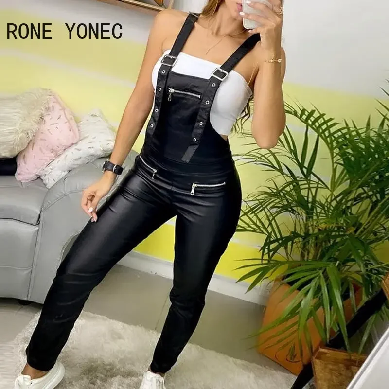 Women's PU Leather Zipper Suspender Jumpsuit – Elegant Solid Overall - Image 2