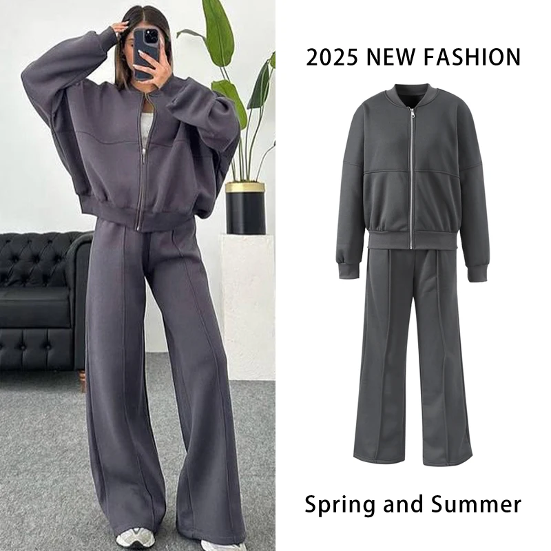 Women's Zip Crew Neck Tracksuit – Loose Jacket & High-Waist Sports Pants