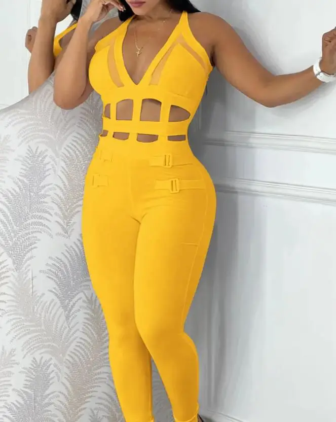 Women's V-Neck Mesh Suspender Jumpsuit – Casual Buckle Detail Romper - Image 7