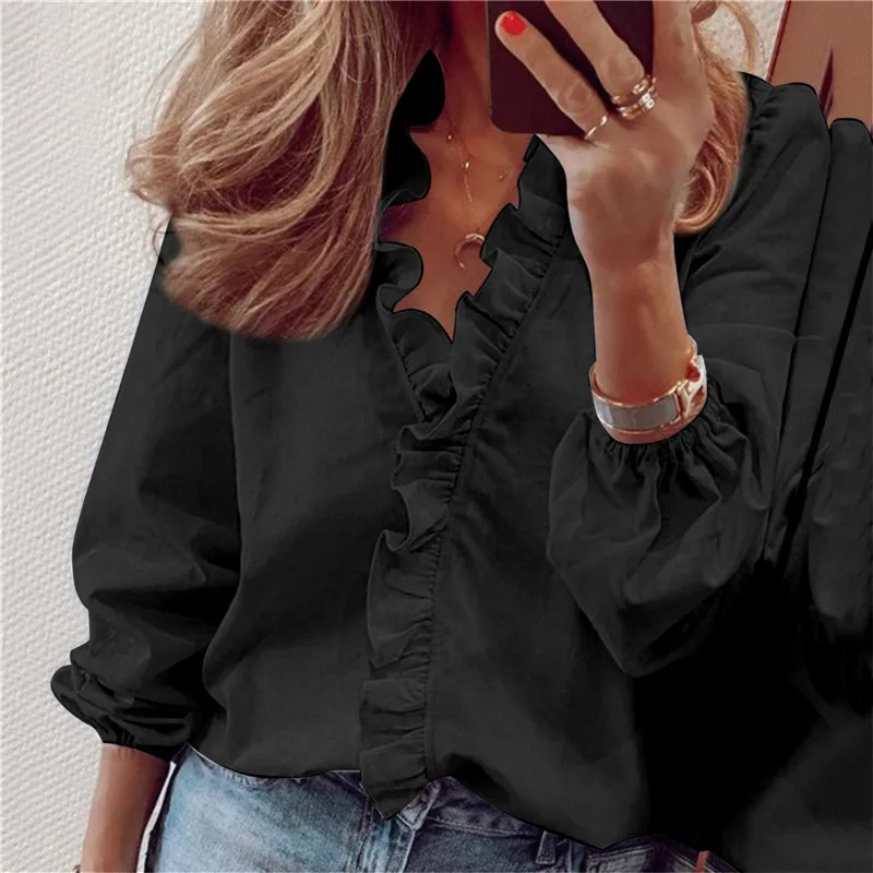 Women's Ruffle V-Neck Long Sleeve Blouse – Plus Size Casual Tops S–3XL - Image 2