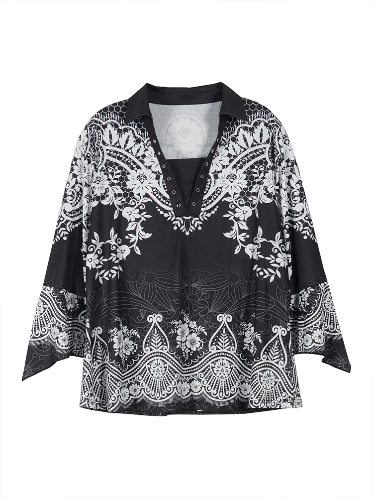 Plus Size Women's Floral Quarter-Sleeve T-Shirt – Casual Irregular Cuff Top - Image 2