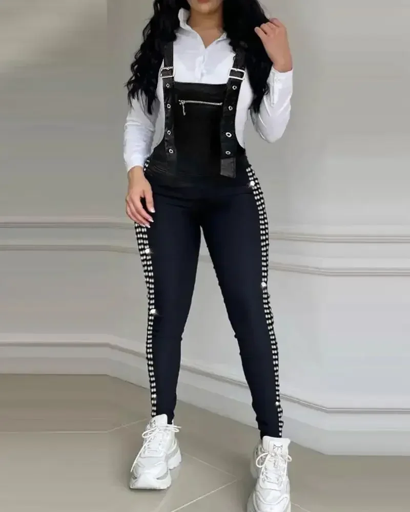 Women's Rhinestone Buckle Suspender Jumpsuit – Elegant Long Ankle-Length - Image 2