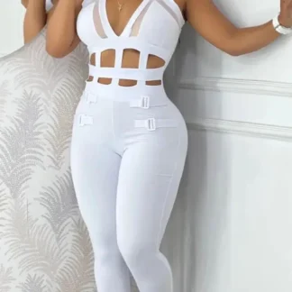 Women's V-Neck Mesh Suspender Jumpsuit – Casual Buckle Detail Romper