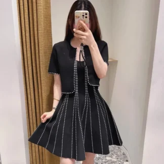 Women's Striped Knit Cardigan & Mini Dress Set – Shiny Contrast Two-Piece