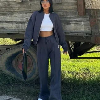 Women's Retro Zip Jacket & High-Waist Pants Set – Casual Two-Piece Tracksuit