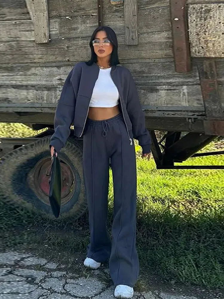 Women's Retro Zip Jacket & High-Waist Pants Set – Casual Two-Piece Tracksuit