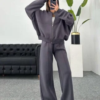 Women's Zip Crew Neck Tracksuit – Loose Jacket & High-Waist Sports Pants