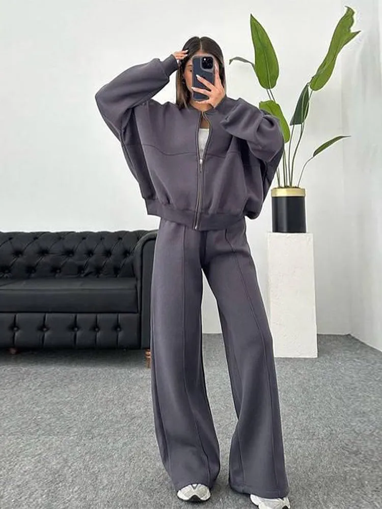 Women's Retro Zip Jacket & High-Waist Pants Set – Casual Two-Piece Tracksuit - Image 3