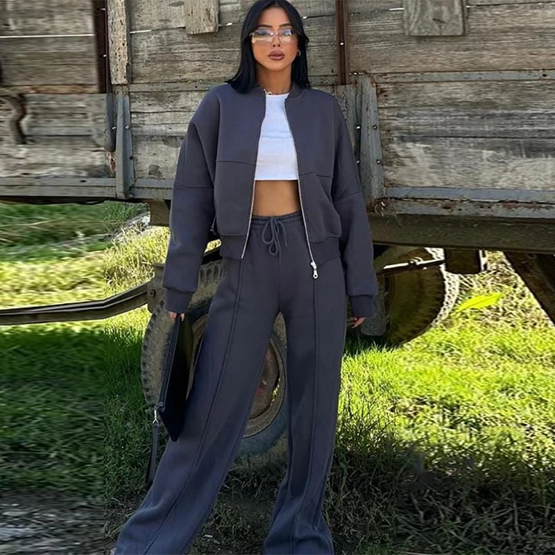 Women's Zip Crew Neck Tracksuit – Loose Jacket & High-Waist Sports Pants - Image 2