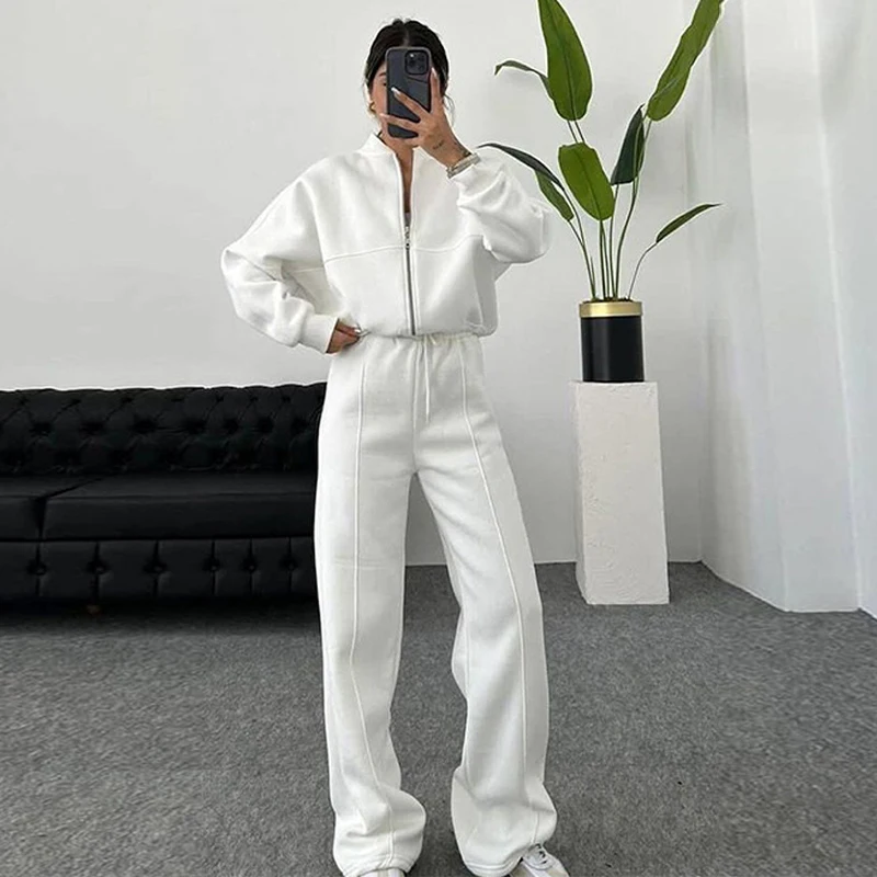 Women's Retro Zip Jacket & High-Waist Pants Set – Casual Two-Piece Tracksuit - Image 10