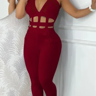 Women's Halter Printed Hollow-Out Jumpsuit – Sleeveless Tight Overall