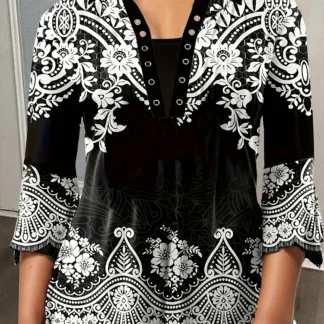 Plus Size Women's Floral Quarter-Sleeve T-Shirt – Casual Irregular Cuff Top