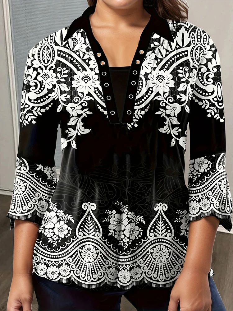 Plus Size Women's Floral Quarter-Sleeve T-Shirt – Casual Irregular Cuff Top