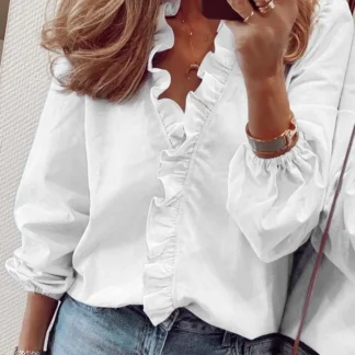 Women's Ruffle V-Neck Long Sleeve Blouse – Plus Size Casual Tops S–3XL