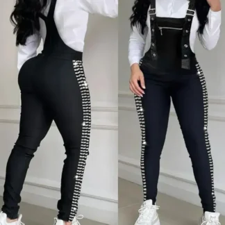 Women's Rhinestone Buckle Suspender Jumpsuit – Elegant Long Ankle-Length