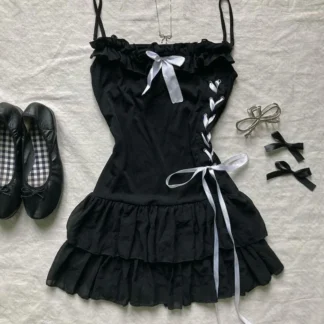 Women's Gothic Lace Bow Mini Dress – Y2K Grunge Harajuku Streetwear