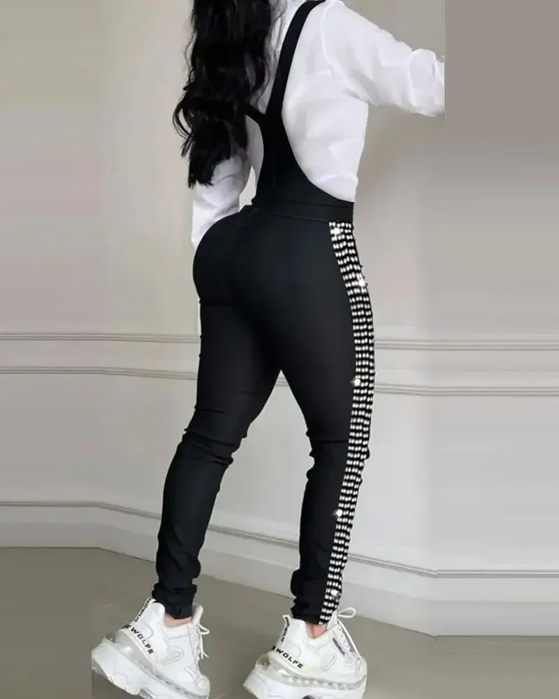 Women's Rhinestone Buckle Suspender Jumpsuit – Elegant Long Ankle-Length - Image 3