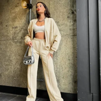 Women's Zip-Up Hoodie & Elastic Trouser Set – Casual Two-Piece Lounge Suit