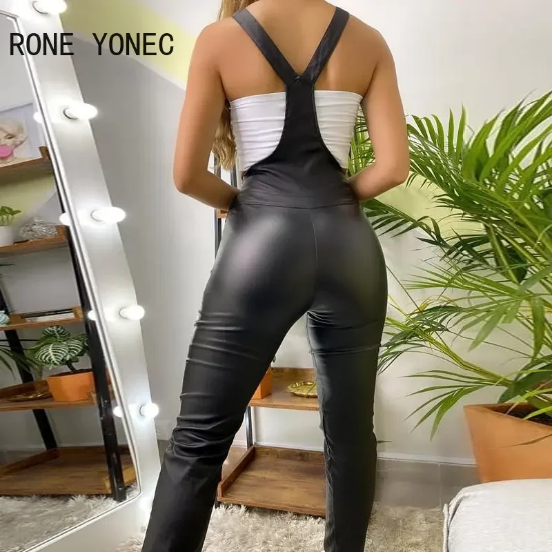 Women's PU Leather Zipper Suspender Jumpsuit – Elegant Solid Overall - Image 3