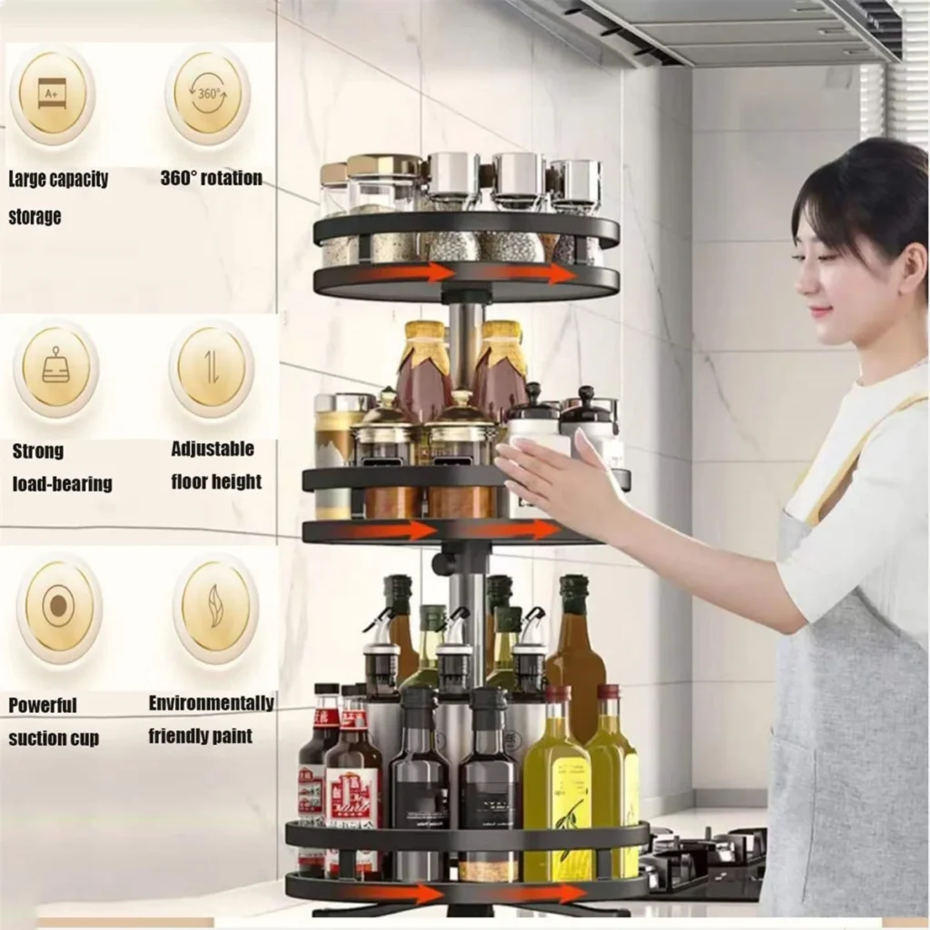 360° Rotating Spice Rack Organizer – Carbon Steel Countertop Storage Tray