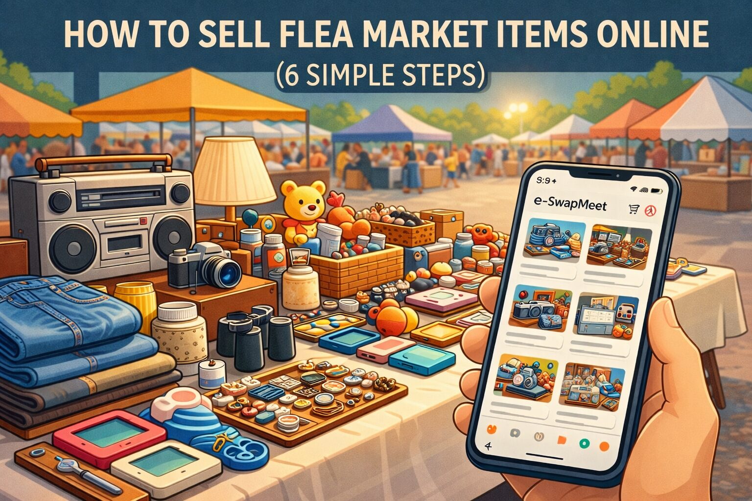 Flea market vendor table with items for sale online via e-SwapMee