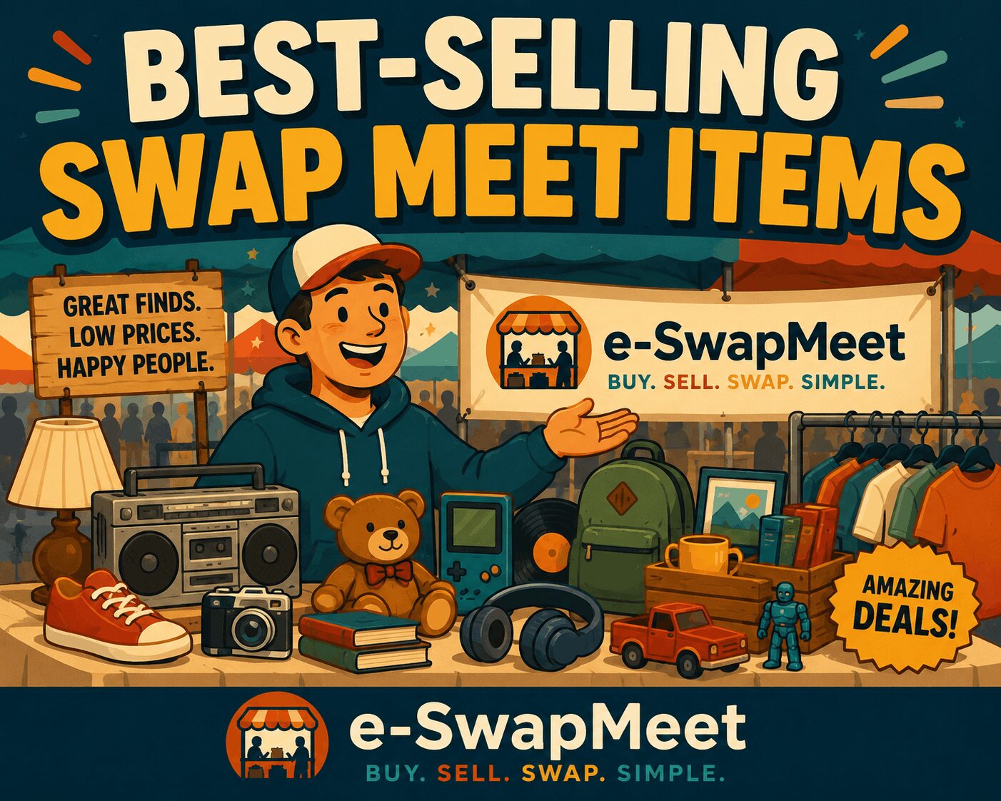 best-selling swap meet items displayed on vendor tables