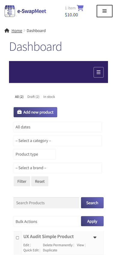 e-SwapMeet product categories picker modal open on the vendor dashboard
