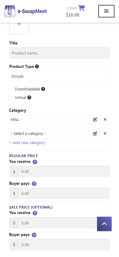 e-SwapMeet vendor dashboard showing the product categories field