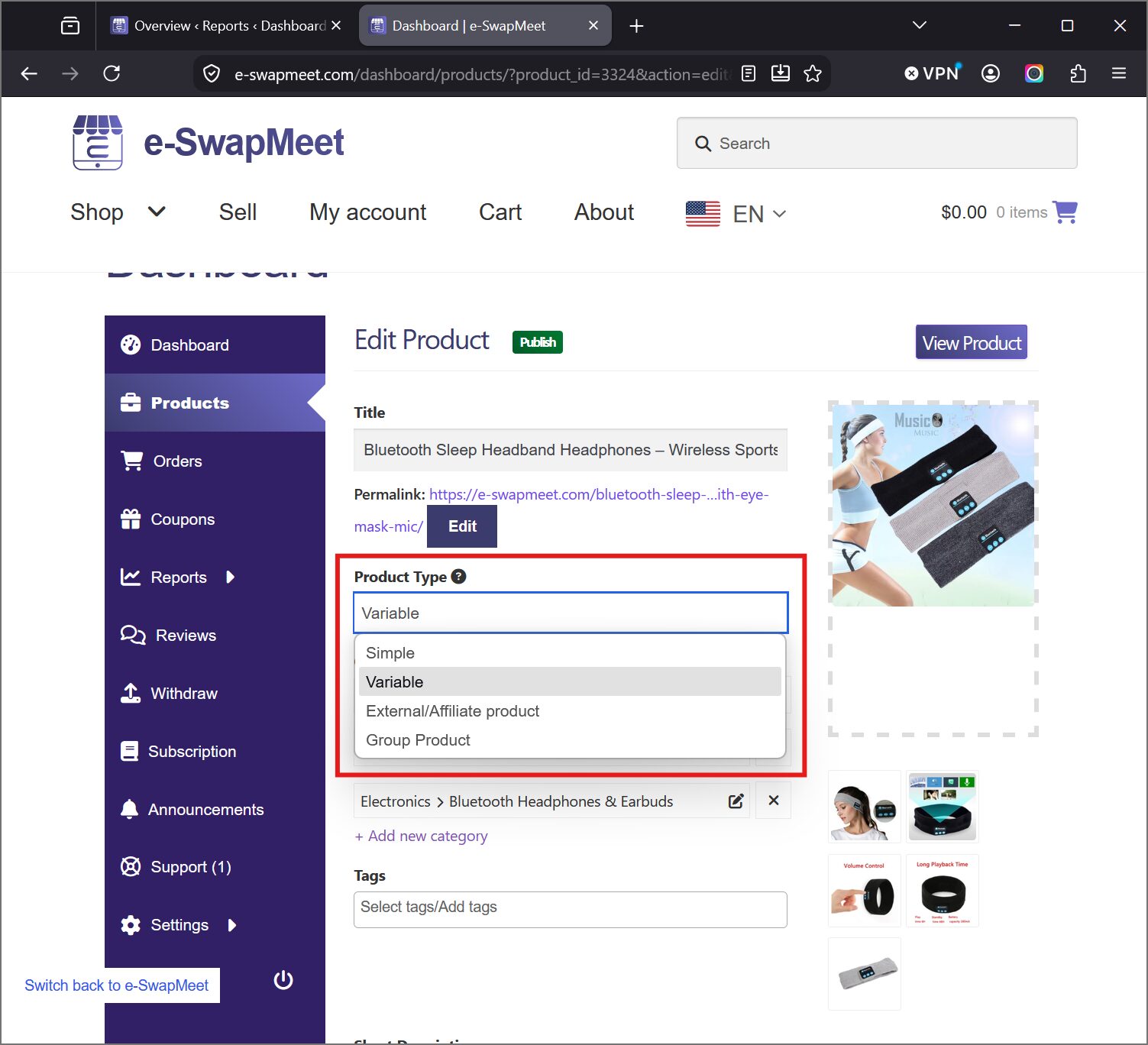 e-SwapMeet Product Type dropdown showing Simple, Variable, External/Affiliate, and Group Product options