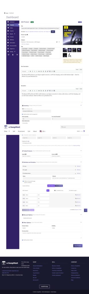 Attribute and variation panel on a real e-SwapMeet variable product showing generated variations