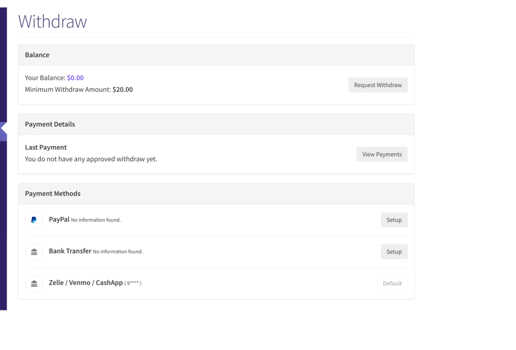e-SwapMeet vendor dashboard withdraw earnings screen showing balance and payment methods