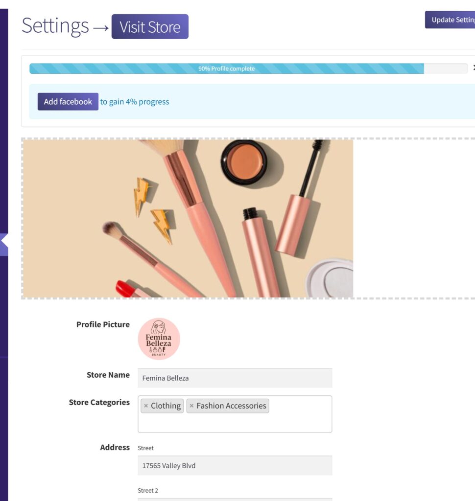e-SwapMeet vendor dashboard store profile settings showing banner, profile picture, and store name