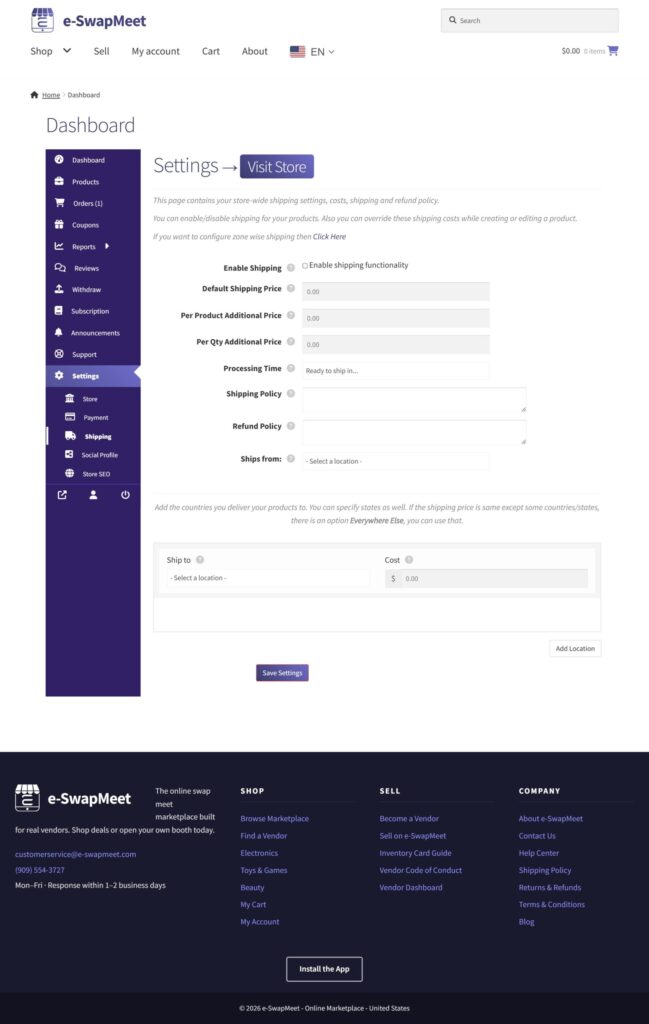 e-SwapMeet vendor dashboard shipping settings form showing default shipping price and rate table