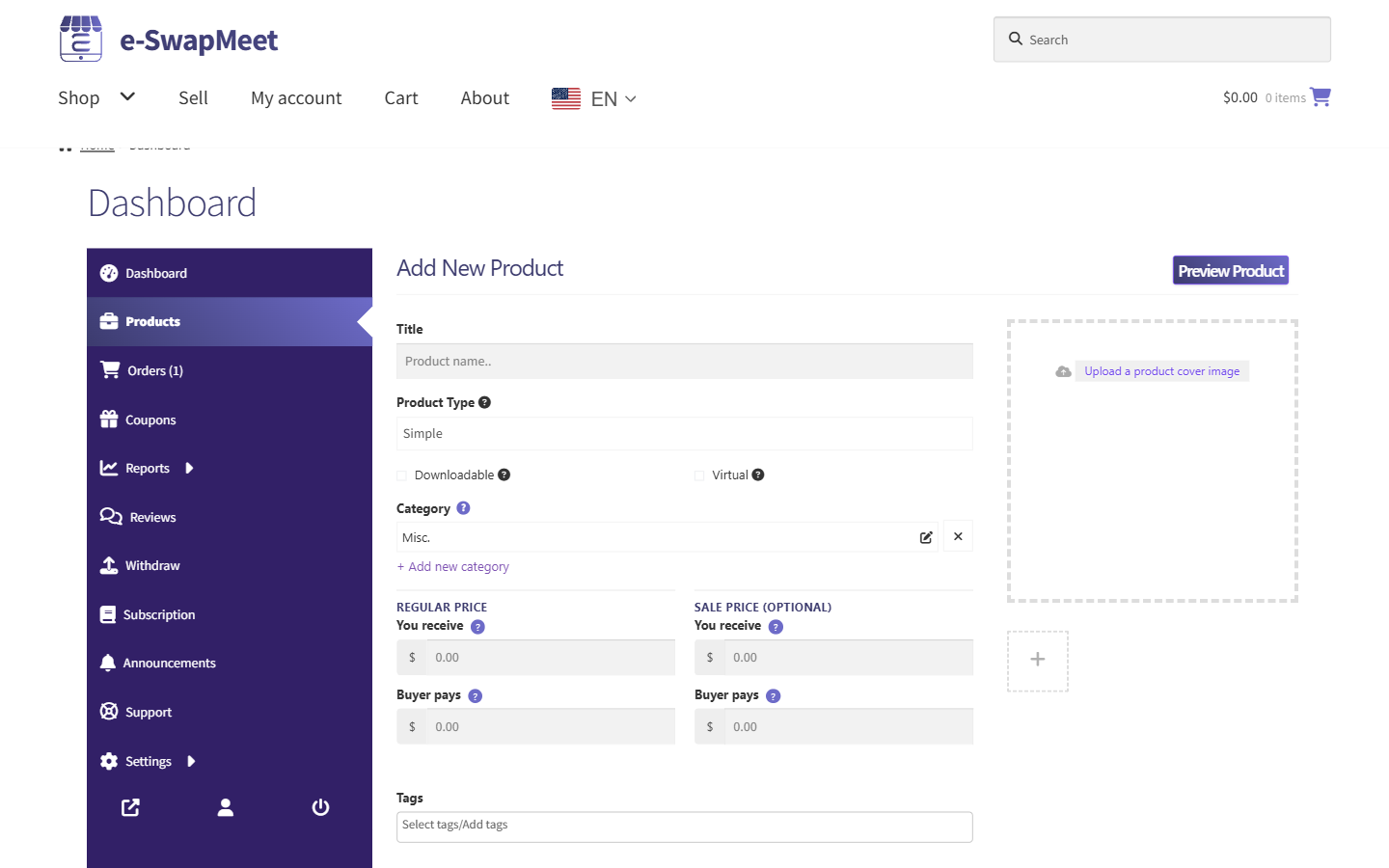Product type dropdown on the e-SwapMeet vendor product form set to Simple