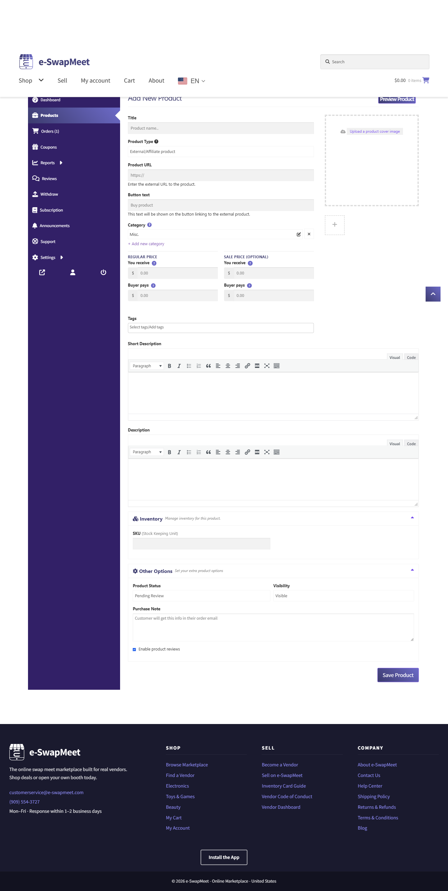 External Affiliate product type showing the Product URL and Button text fields with the Shipping panel hidden
