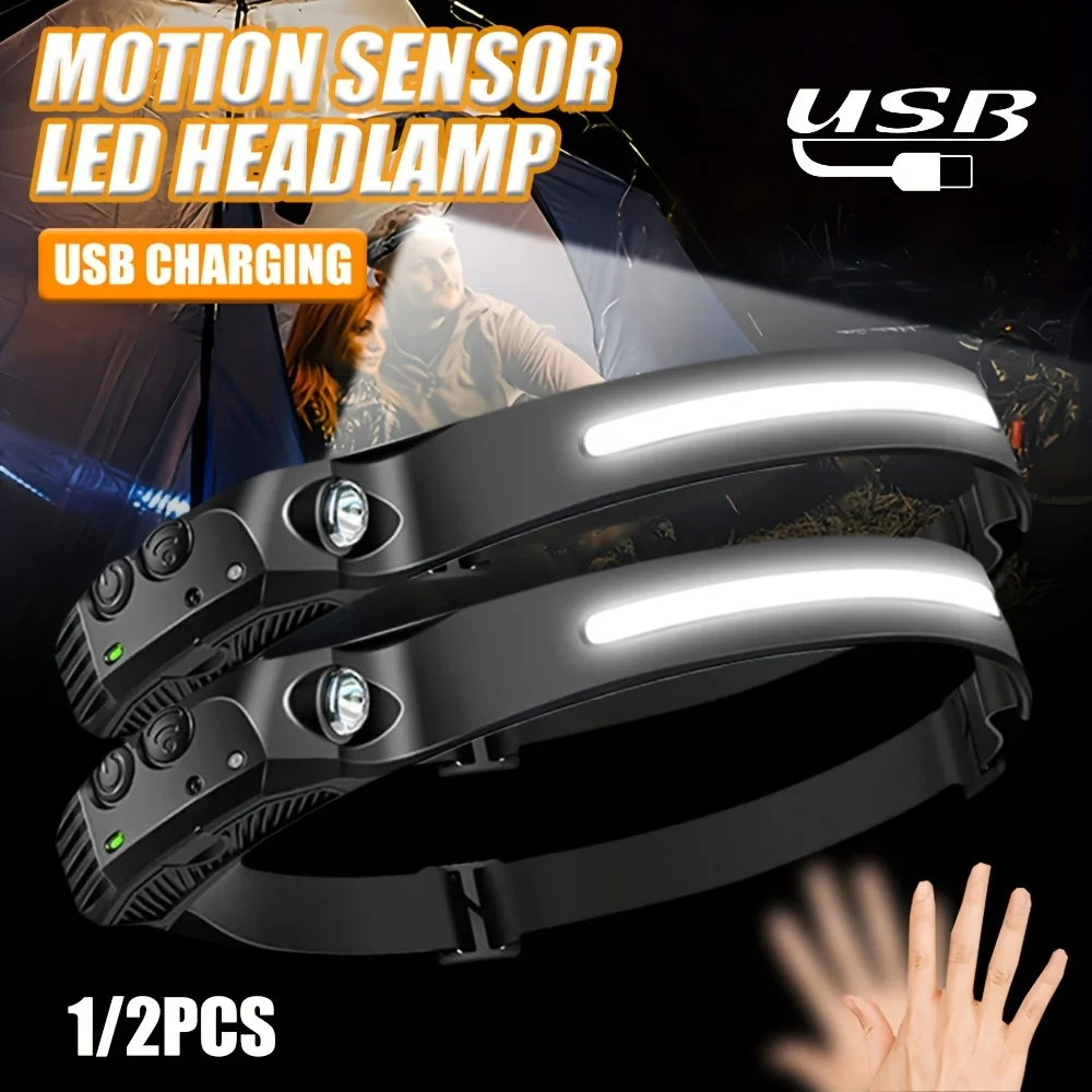 Rechargeable LED Headlamp with Motion Sensor, 6 Modes, IPX4