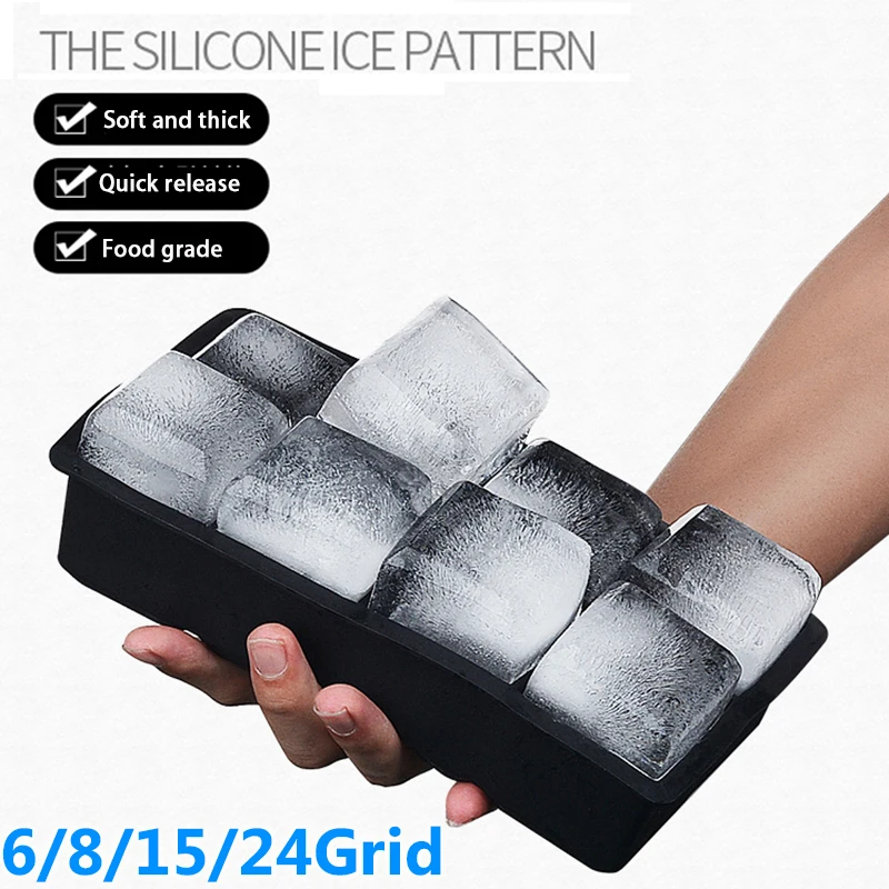 Large Silicone Ice Cube Tray, Jumbo Square Ice Mold (6, 8, 15, 24 or 37 Cavities)